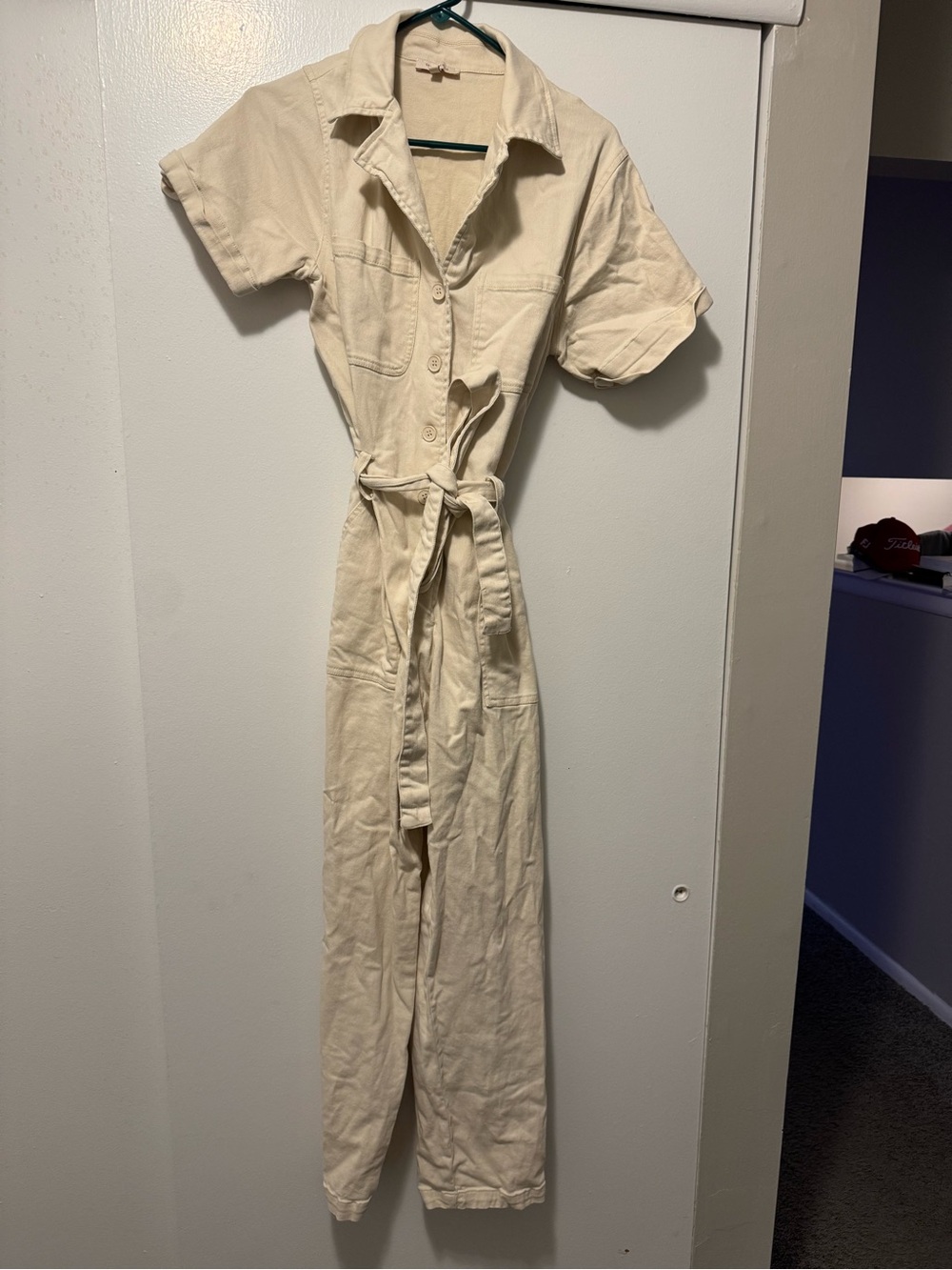 Skies Are Blue Cream Button-Front Tie-Waist Jumpsuit